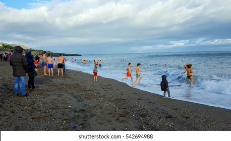 GREYSTONES, IRELAND - DECEMBER 25, 2016: Christmas Day Swim  