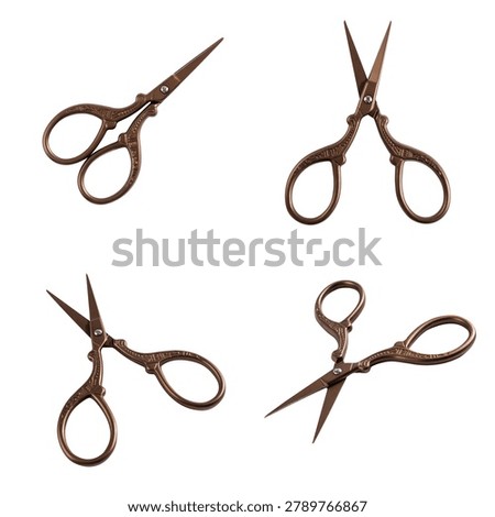 Grid collage with four angles of small vintage bronze scissors isolated on white, ideal for product comparison, ecommerce, sewing tutorials, catalog design and creative layouts