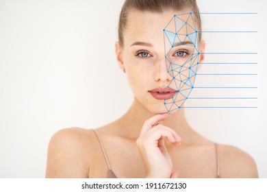 Grid showing facial lifting effect or beauty treatment on skin of beautiful young woman with healthy face. Portrait of beautiful woman with clean skin, youth concept, anti-aging. 