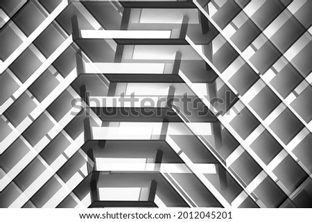 Grid structure of roof or ceiling. Minimal architecture of modern building. Technological grid. Abstract geometric and material background with parallel lines for construction industry or technology.