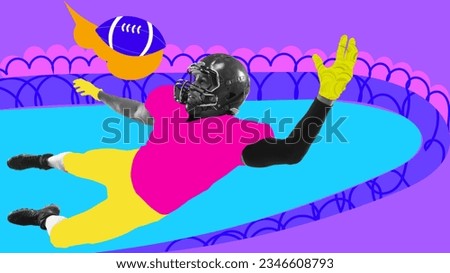 Gridiron. Contemporary artwork. American football player dressed drawed uniform, catching pass in air over painted bright background. Concept of sport, healthy lifestyle, creativity, hobby.