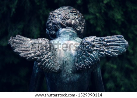 Grieving baby angel with small wings, back view, selective focus