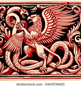 a griffin rampant with a serpent coiled around its body  whispering in the griffin's ear, in red hues
