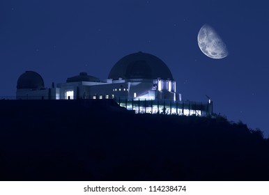 Griffith Observatory At Night. Clear Sky With Stars And The Moon. Science Photography Collection. Griffith Observatory Los Angeles, California USA.