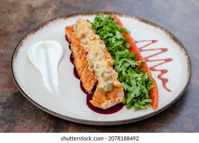 Griled Salmon Food With Beet And Sesame Sauce 