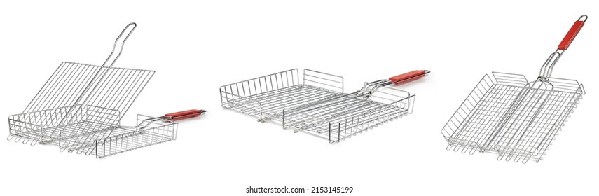 Grill Basket Set Isolated On White Background. Steel Bbq Grid Collection Cut Out. Food Grate.