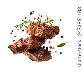 Grill Beef steaks, realistic 3d brisket flying in the air, grilled meat collection, ultra realistic, icon, detailed, angle view food photo, steak composition
