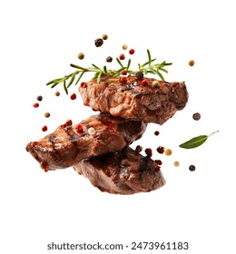 Grill Beef steaks, realistic 3d brisket flying in the air, grilled meat collection, ultra realistic, icon, detailed, angle view food photo, steak composition
