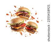 Grill burger, realistic 3d burgers falling in the air, grilled meat collection, ultra realistic, icon, falling, flying, detailed, angle view food photo, burger composition