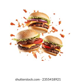 Grill burger, realistic 3d burgers falling in the air, grilled meat collection, ultra realistic, icon, falling, flying, detailed, angle view food photo, burger composition - Shutterstock ID 2355418921
