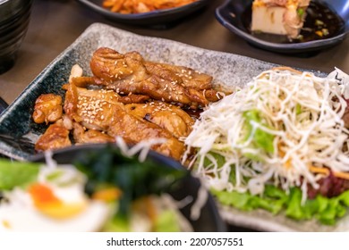 Grill Chicken Tender Teriyaki In Japanese Restaurant . Serve On A Plate With Salad, Traditional Japanese Food. Close-up