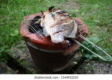 Grill Fish By Using Traditional Bbq Charcoal Stove And Hot Ash. Outdoor Cooking Class And Camping Food Concept. 