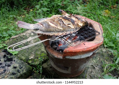 Grill Fish By Using Traditional Bbq Charcoal Stove And Hot Ash. Outdoor Cooking Class And Camping Food Concept. 