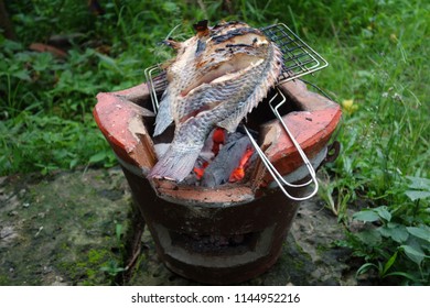 Grill Fish By Using Traditional Bbq Charcoal Stove And Hot Ash. Outdoor Cooking Class And Camping Food Concept. 