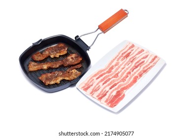 Grill Frying Pan With Cooked Bacon Rashers And Raw Slices On White Background