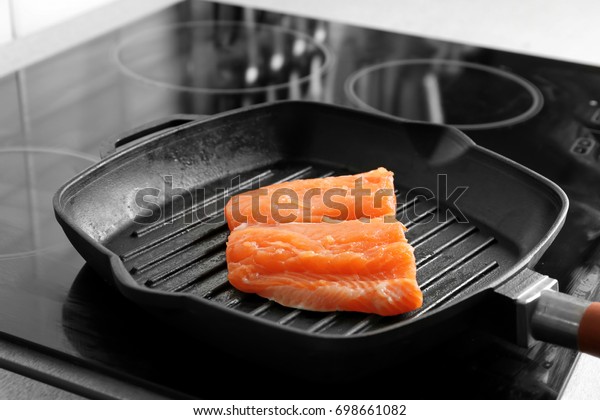 Grill Frying Pan Slice Salmon On Stock Photo Edit Now 698661082