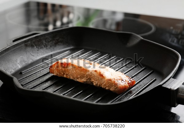 Grill Frying Pan Slice Salmon On Stock Photo Edit Now 705738220