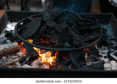 Grill Pit With Flaming Charcoal. BBQ Hot Grill With Stainless Steel Grid, Isolated Background, Overhead View. Barbecue Kettle Grill On Backyard Ready Grilling Cookout Food.