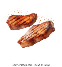 Grill Pork Chops Beef steaks, realistic 3d brisket flying in the air, grilled meat collection, ultra realistic, icon, detailed, angle view food photo, steak composition