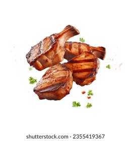 Grill Pork Chops Beef steaks, realistic 3d brisket flying in the air, grilled meat collection, ultra realistic, icon, detailed, angle view food photo, steak composition