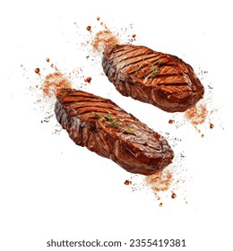 Grill Pork Chops Beef steaks, realistic 3d brisket flying in the air, grilled meat collection, ultra realistic, icon, detailed, angle view food photo, steak composition