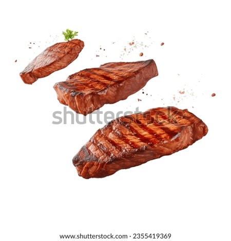 Grill Pork Chops Beef steaks, realistic 3d brisket flying in the air, grilled meat collection, ultra realistic, icon, detailed, angle view food photo, steak composition
