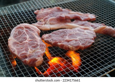 Grill pork over charcoal fire. - Shutterstock ID 2234175661
