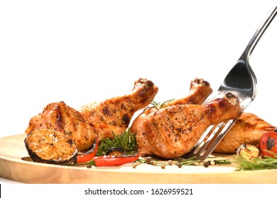 Grill Roast Bbq Chicken Leg And Vegetable Isolated On White Background