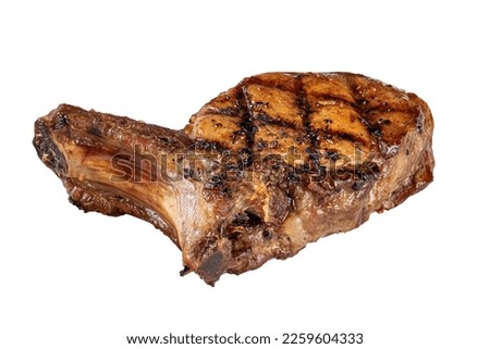 Grill roast bbq pork  isolated on white background. Barbecue, grilled, fried pork. Grilled pork chop with stripes on white background. 
