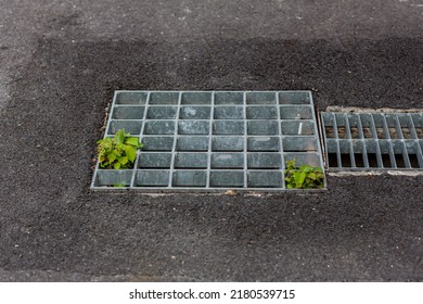 Grille drain sewer around the street walkway   Water recirculation system  Wastewater treatment  Grille the drainage system the pedestrian sidewalk 	