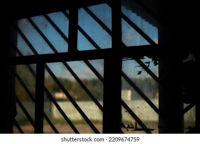 Grille On Window. Steel Grating. Old Window Inside View. Interior Details. Dirty Glass.