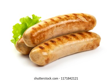 Grilled Bavarian sausages with green lettuce, isolated on white background