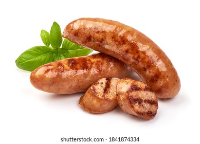 Grilled bavarian sausages, isolated on white background.