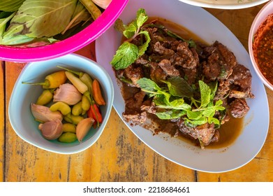 Grilled Beef Brisket Spicy Salad Mix With Spicy Herb, Thai Food, E-san Food, Spicy Food.