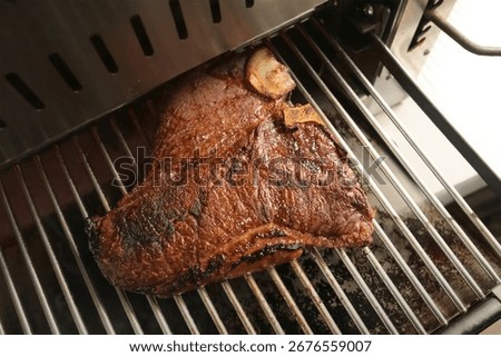 Grilled beef steak with bone searing on a metal rack inside an oven grill, showing a crispy browned crust and juicy texture.