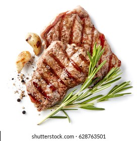 grilled beef steak isolated on white background, top view