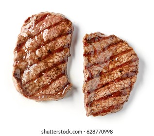 Grilled Beef Steak Isolated On White Background, Top View