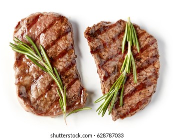 Grilled Beef Steak Isolated On White Background, Top View