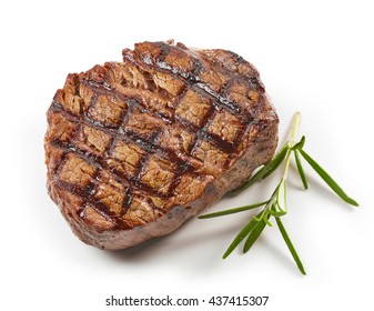 Grilled Beef Steak And Rosemary Isolated On White Background, Top View