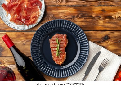 Grilled Beef Steak Served On Blue Plate