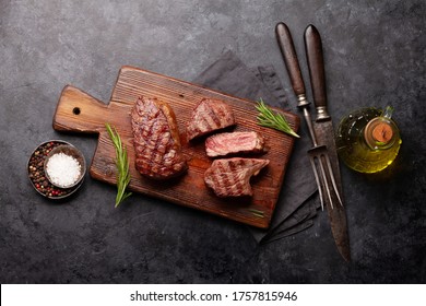 Grilled Beef Steak With Spices And Herbs. Top View Flat Lay