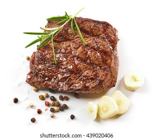 Grilled Beef Steak With Spices Isolated On White Background, Top View