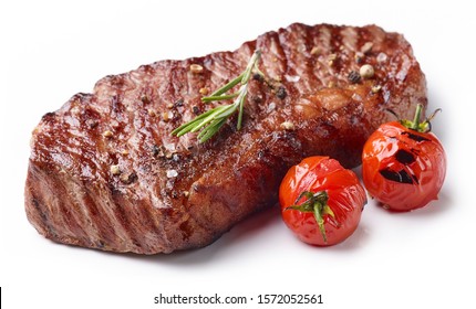 Grilled Beef Steak With Tomatoes And Rosemary Isolated On White Background