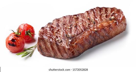 Grilled Beef Steak With Tomatoes And Rosemary Isolated On White Background