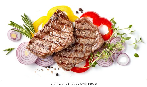 Grilled Beef Steak And Vegetables Isolated On White Background, Top View