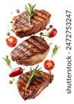 Grilled Beef steaks, Grilled Beef steaks flying on white background. beef flying isolated on white background