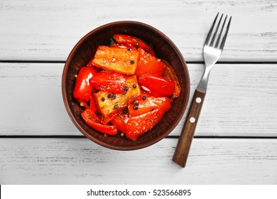 Grilled Bell Pepper In Bowl On Wooden Background, Top View