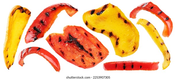 Grilled bell pepper slices isolated on white background. Collection with clipping path. - Shutterstock ID 2253907305