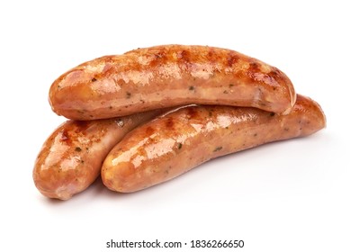 Grilled bratwurst sausages, isolated on white background.
