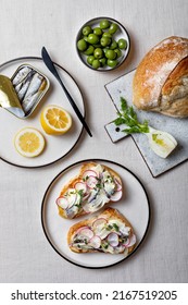 Grilled Bread Toast With Mayonnaise, Sardines, Radish And Marinated Fennel. Tin Of Sardines, Sardine Toast And Green Olives